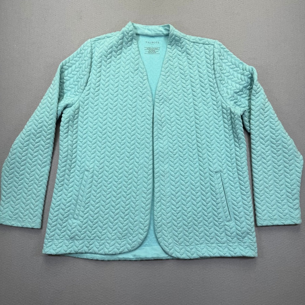 Talbots Womens Large Aqua Blue Quilted Textured Open Front Cardigan Jacket L